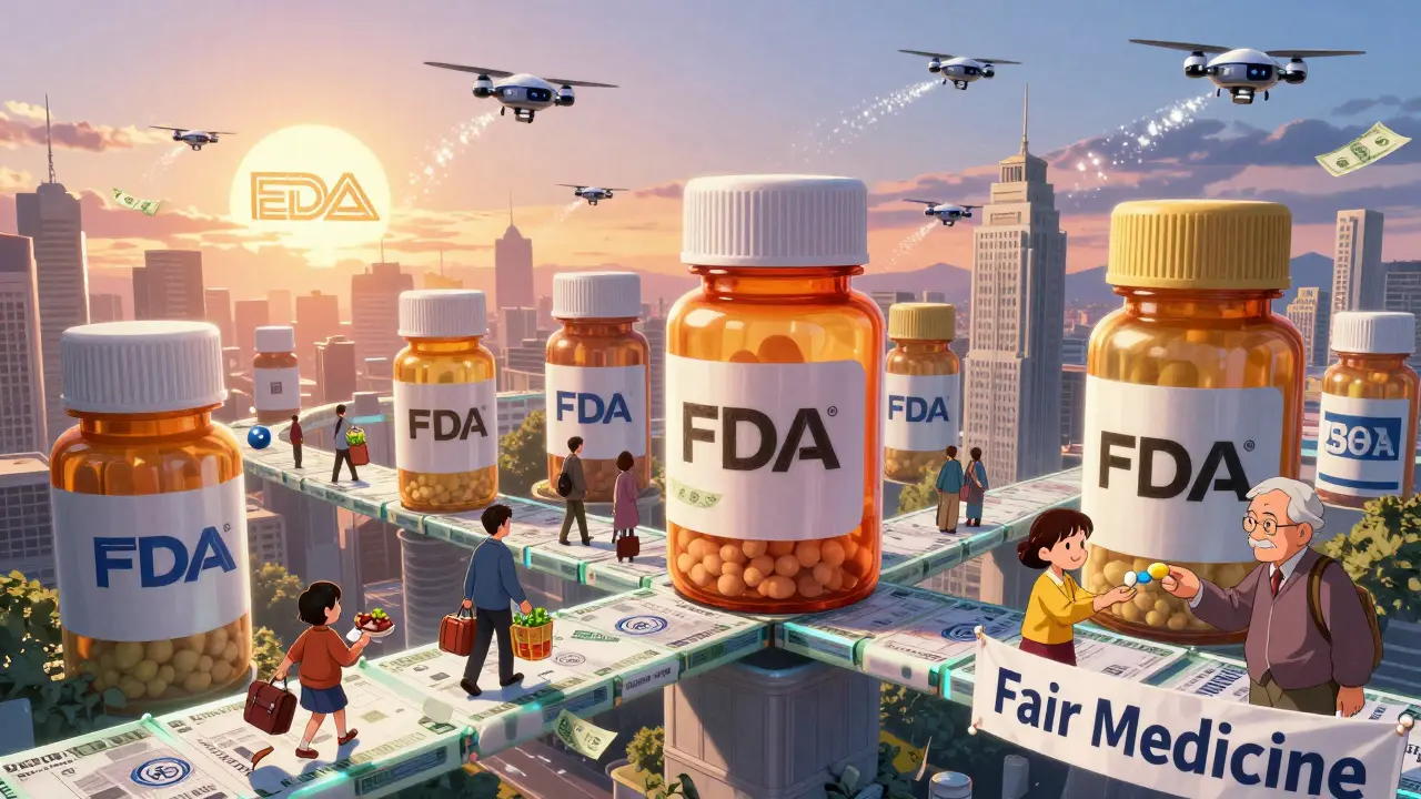 City made of pill buildings, patients crossing a receipt bridge under FDA sun, biosimilars flying overhead.