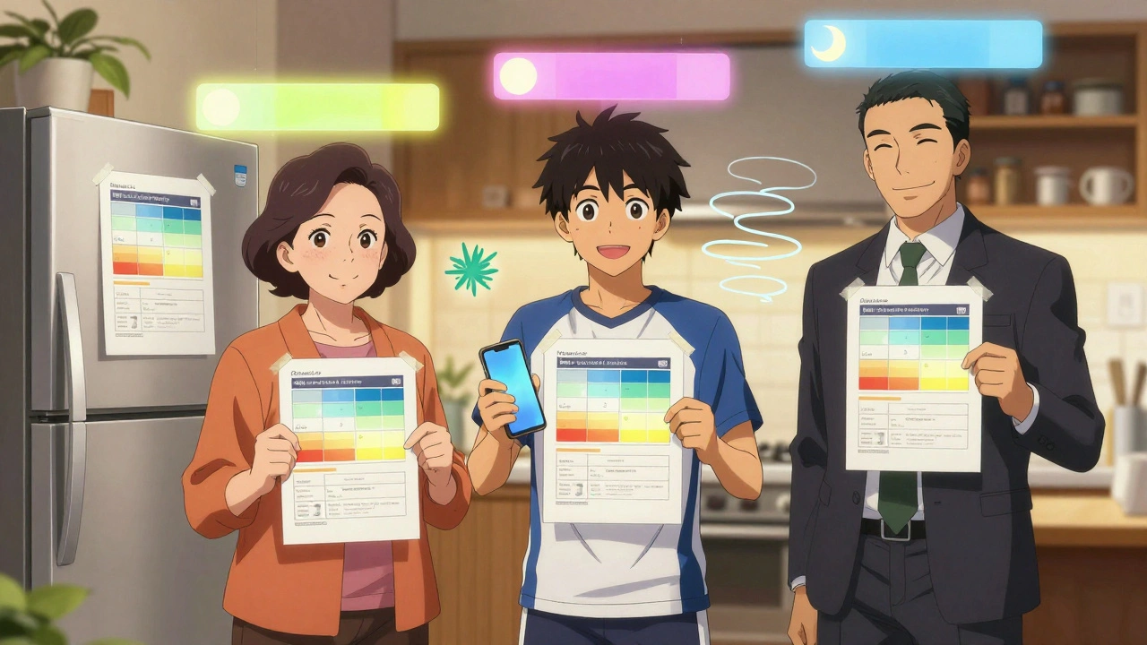 Diverse individuals with asthma action plans displayed on fridge, phone, and wallet in warm home settings.