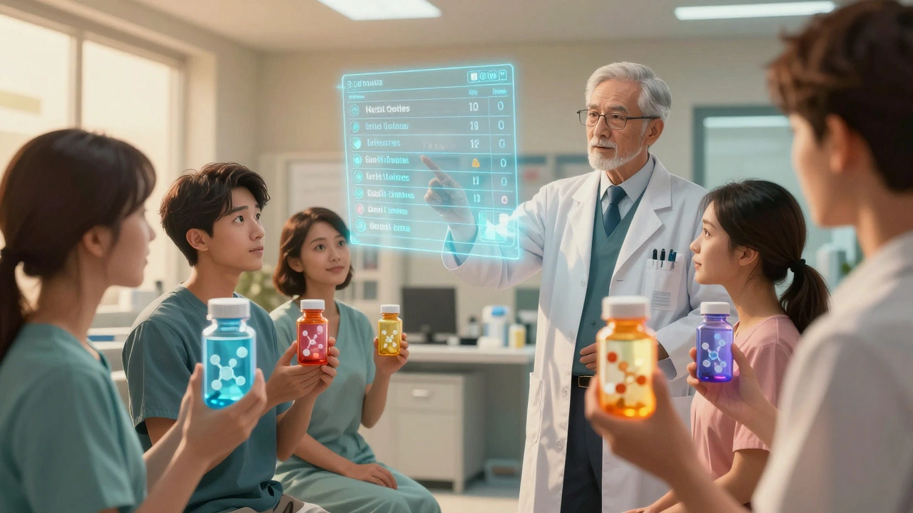 Diverse patients holding pill bottles with transparent molecular structures, in a clinic lit by warm light.