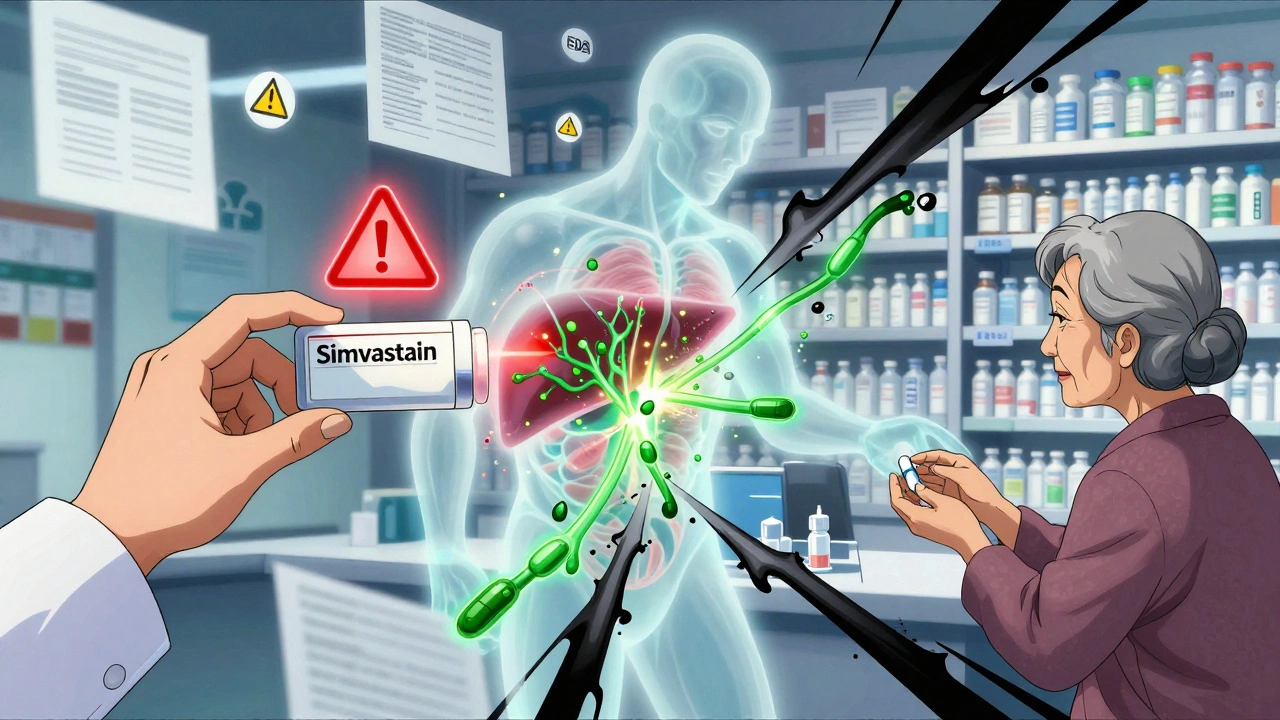 Doctor and pharmacist handing pills while a muscle fiber disintegrates between them, medical warnings floating.