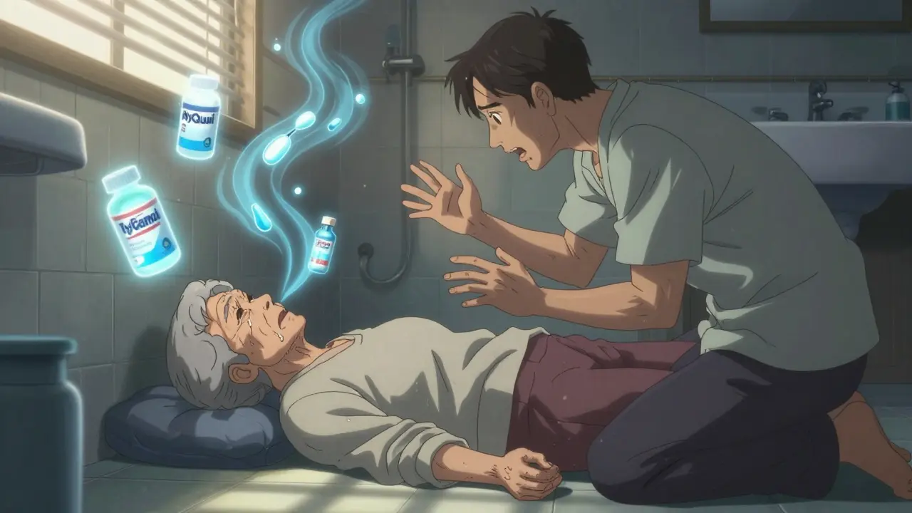 Elderly woman on bathroom floor with floating medication bottles and concerned husband nearby