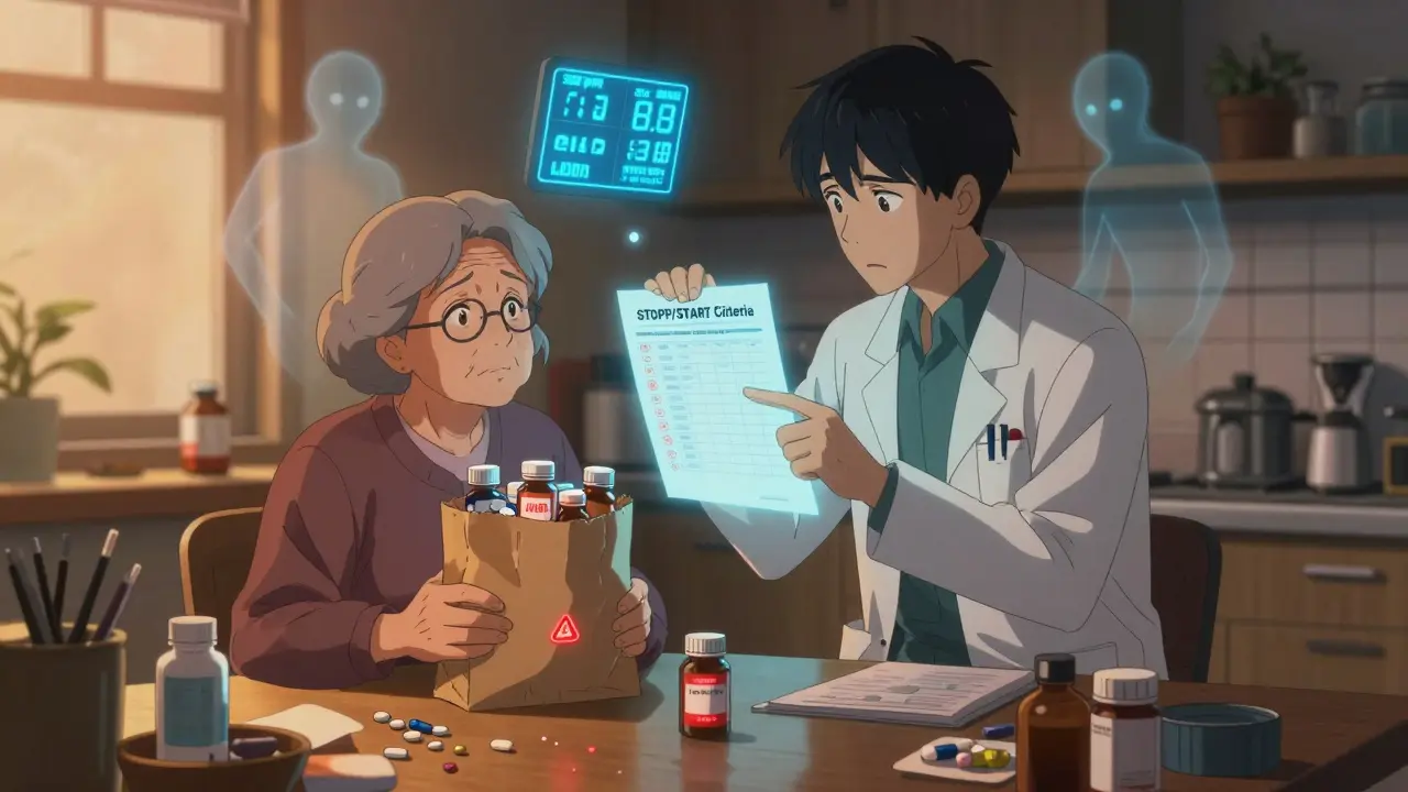 Elderly woman with brown bag of meds, pharmacist pointing to STOPP/START checklist.