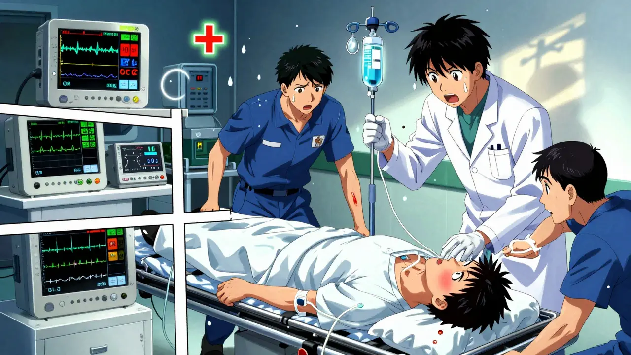 ER team treating overdose patient with glowing EKG readouts, ice packs, and catheter tube under dramatic lighting.