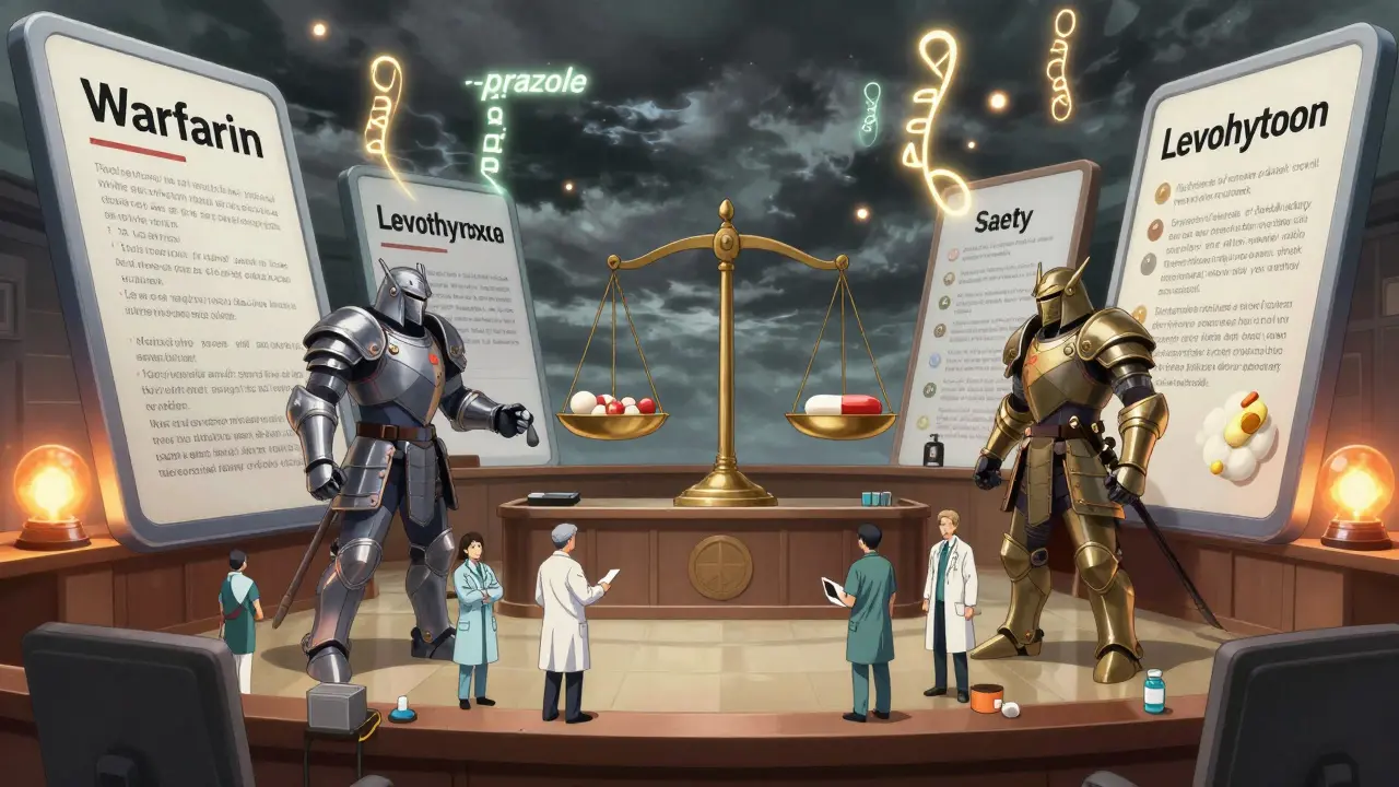 Giant drug tablets loom over doctors in courtroom of medical guidelines, glowing naming stems in air.