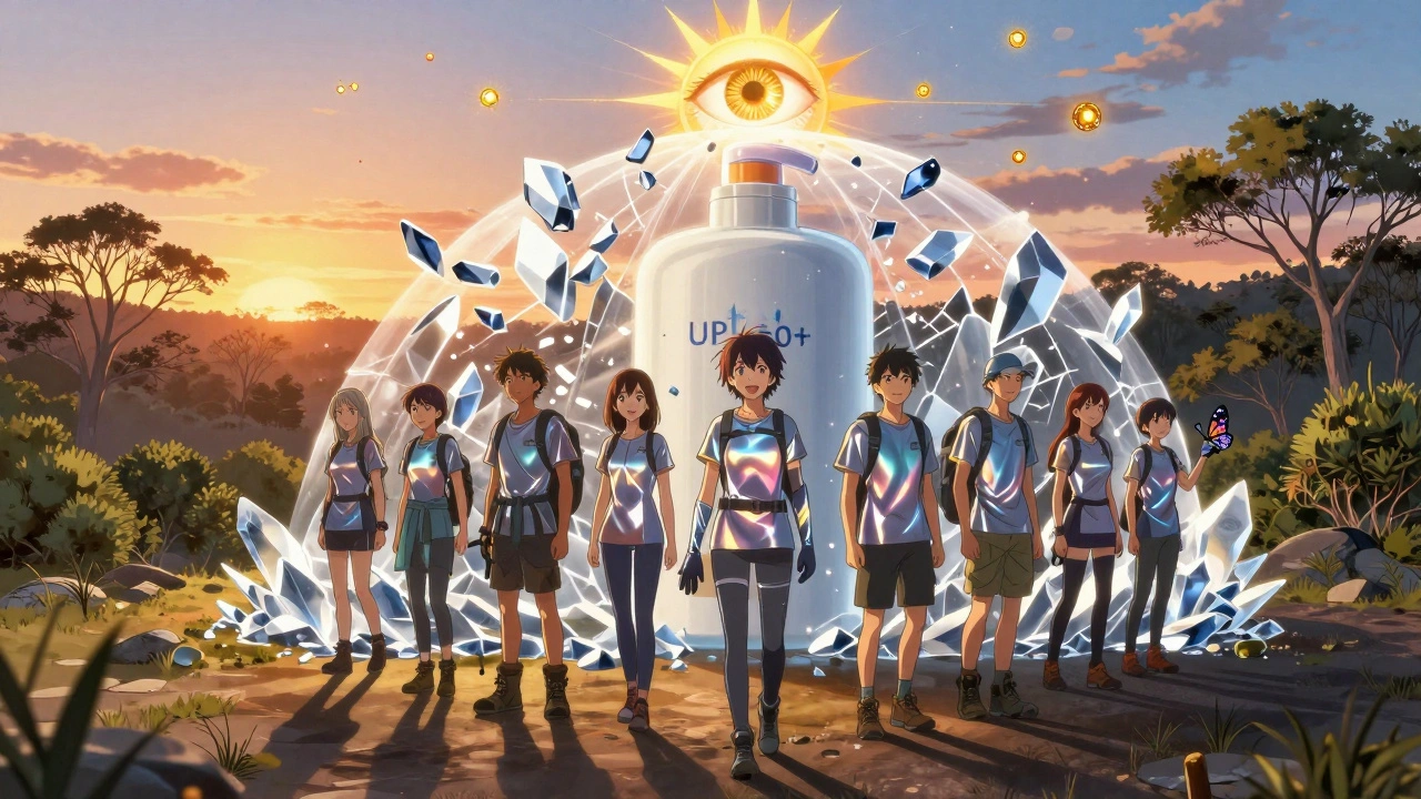 Group hiking under protective UV shield made of zinc crystals, wearing UPF 50+ gear, golden hour light, Lumitrex particles glowing in air.