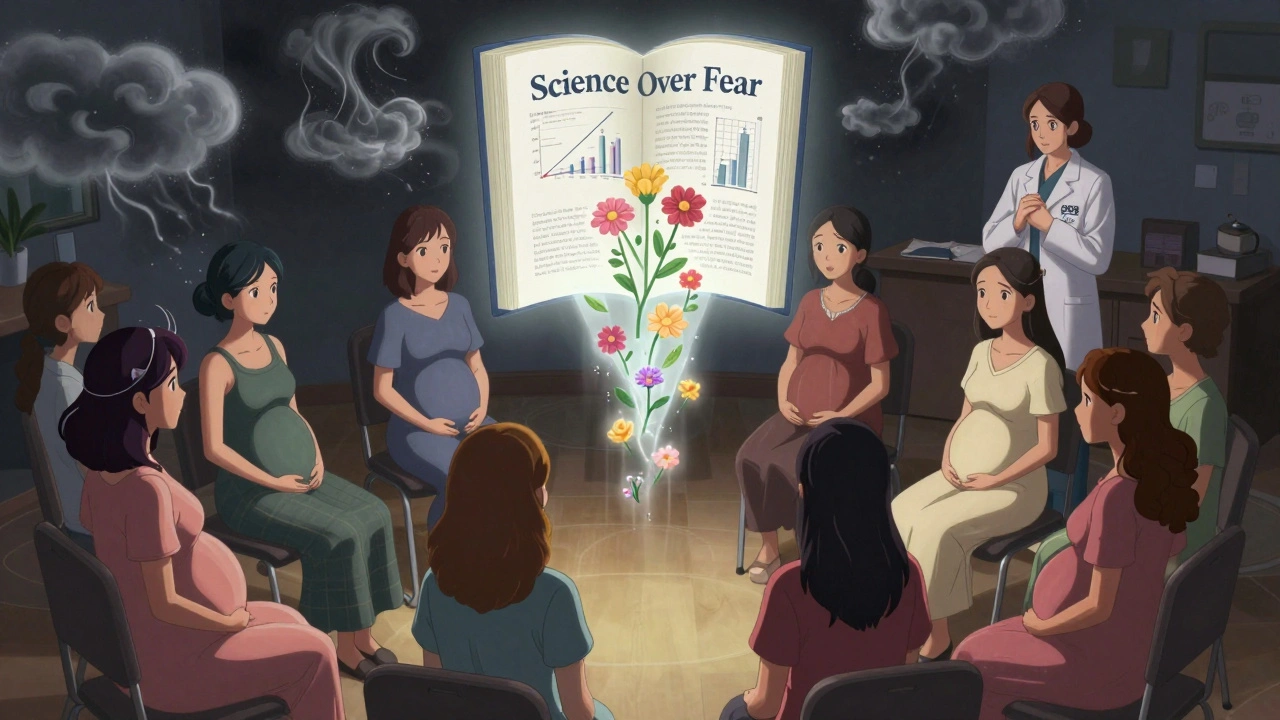 Group of pregnant women in therapy circle, emotional auras and science book glowing above.