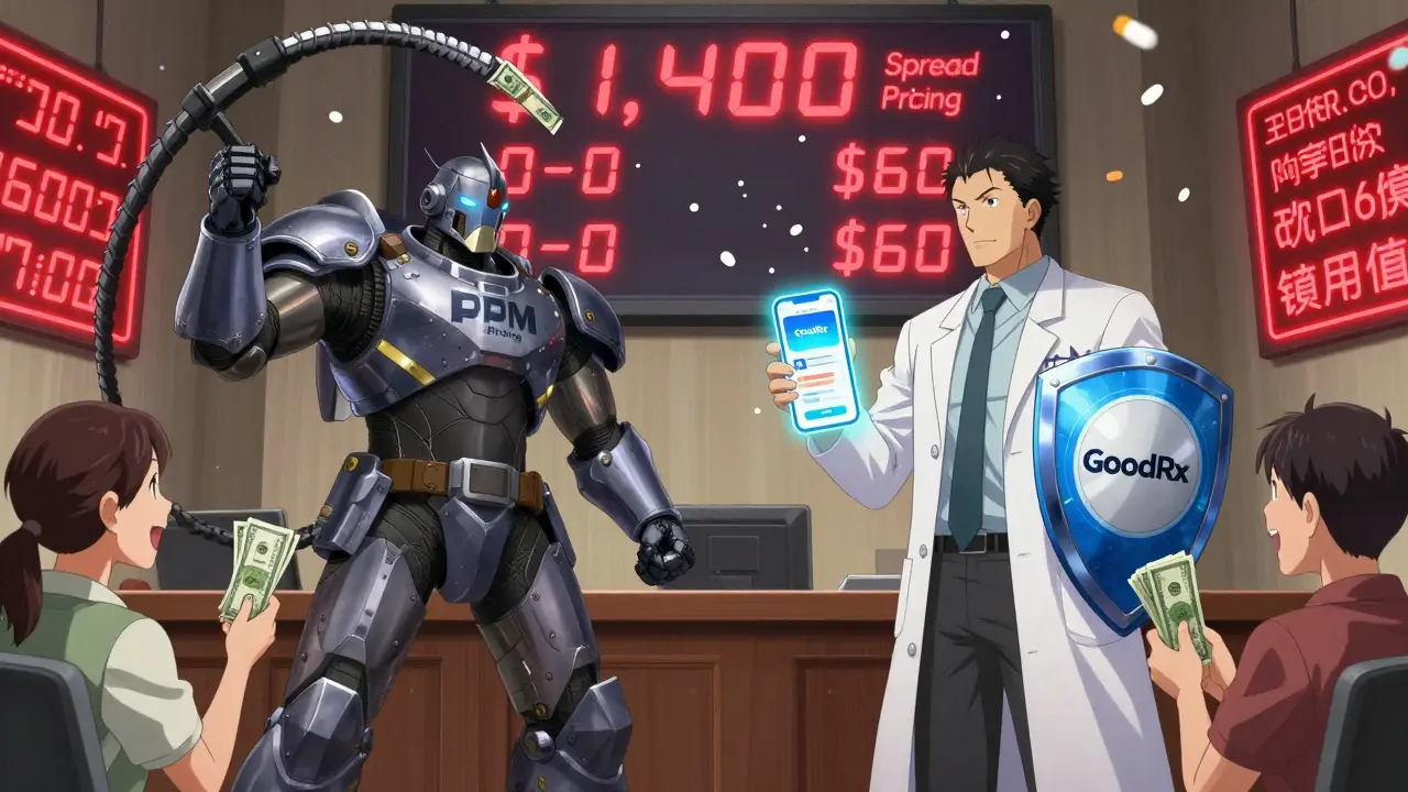 Heroic pharmacist battles corporate entity over hidden drug pricing, with falling generic pills and price tags.