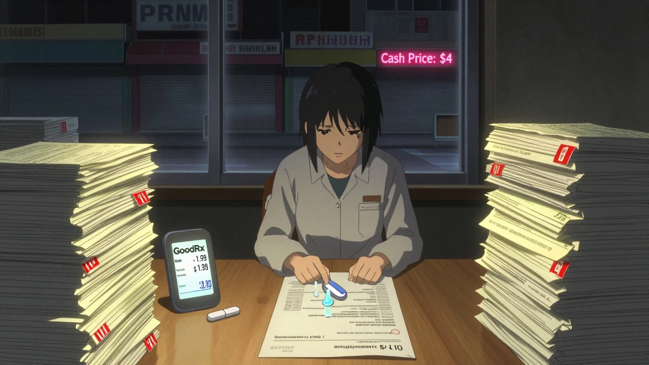 Independent pharmacist surrounded by PBM contracts and GoodRx prices, tears falling on a low reimbursement receipt.