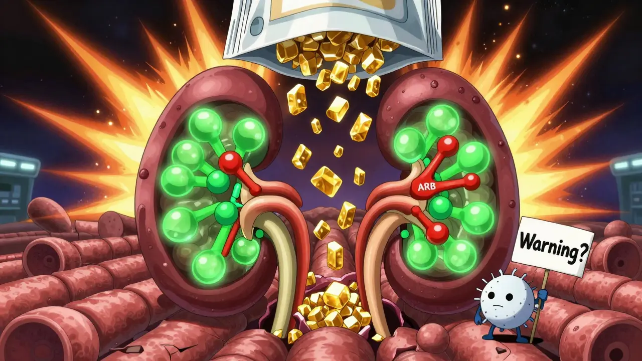 Kidney battlefield with potassium crystals crushing tubules under ACE inhibitor and ARB blockade.