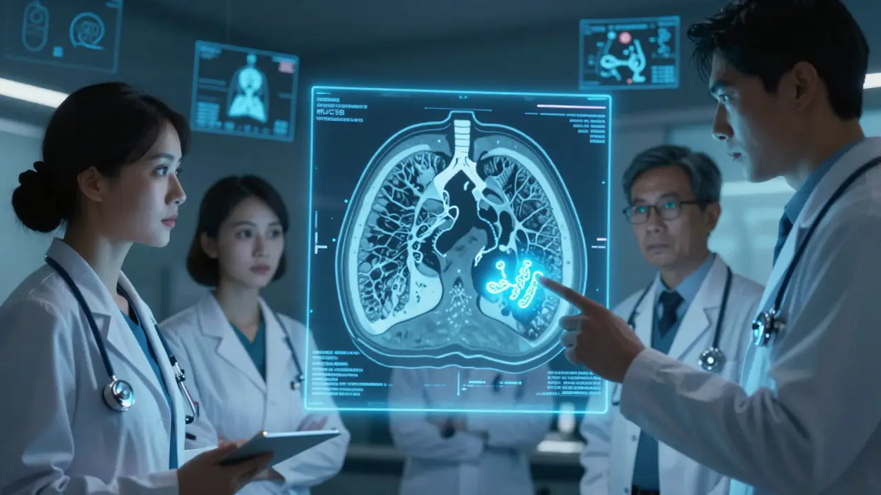 Medical team analyzing a holographic lung CT scan with glowing biomarker patterns.