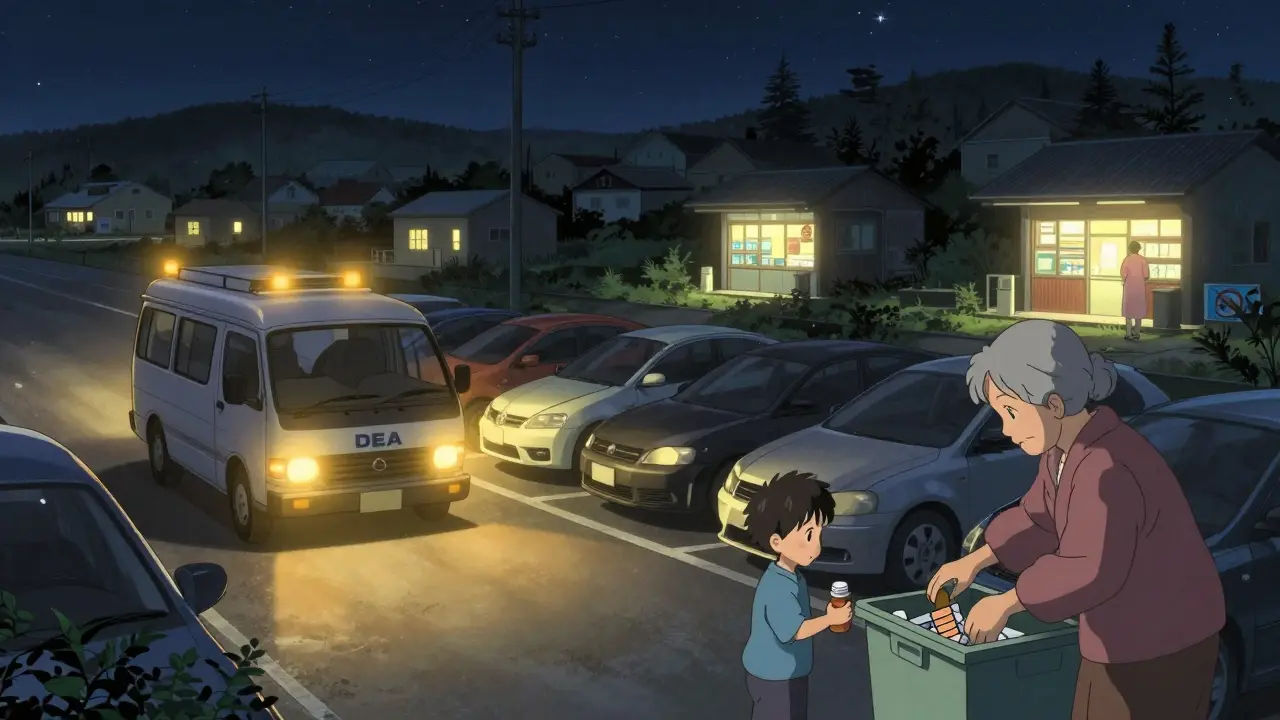 Mobile DEA disposal van arriving at night in a rural town with cars waiting and pharmacy kiosks glowing in the distance.