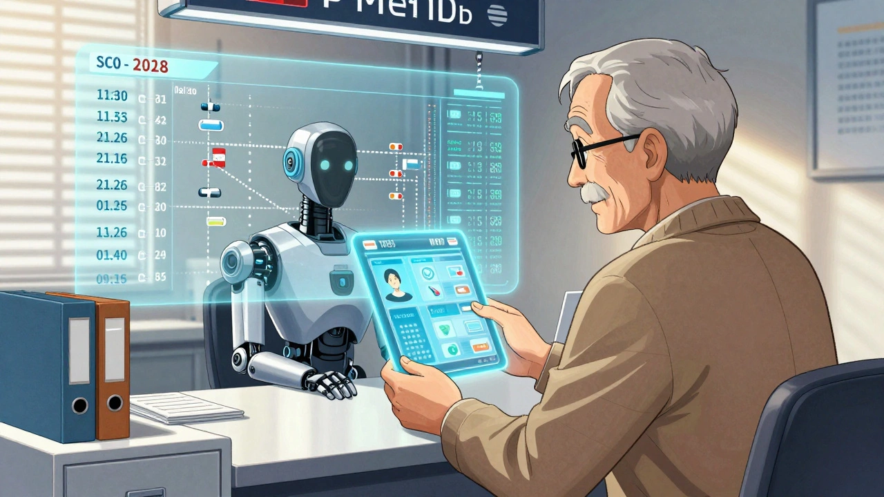 Older adult presenting a holographic medication record at a futuristic Medicare compliance check.