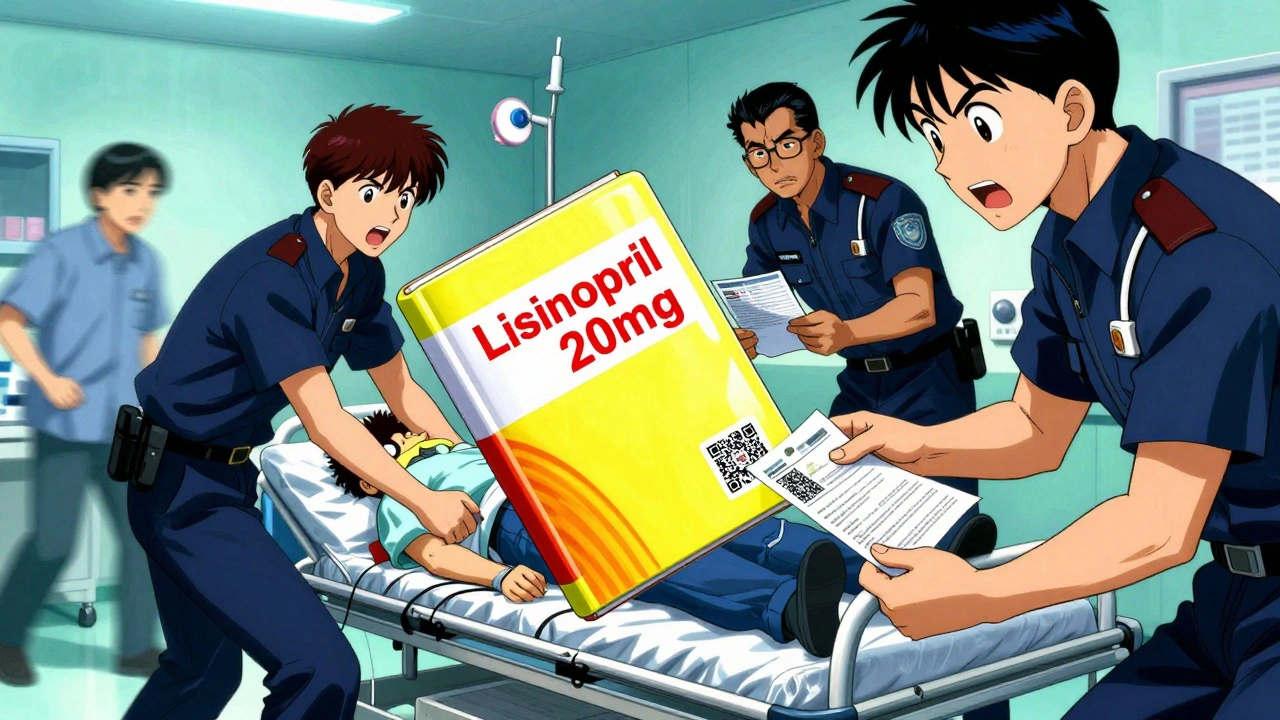 Paramedics pulling a labeled binder from under a hospital bed during a stroke emergency.