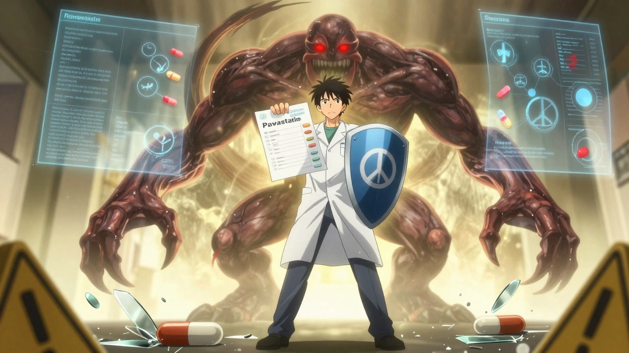 Patient holding medication list as monstrous drug pills attack, safe alternatives glowing in golden light.