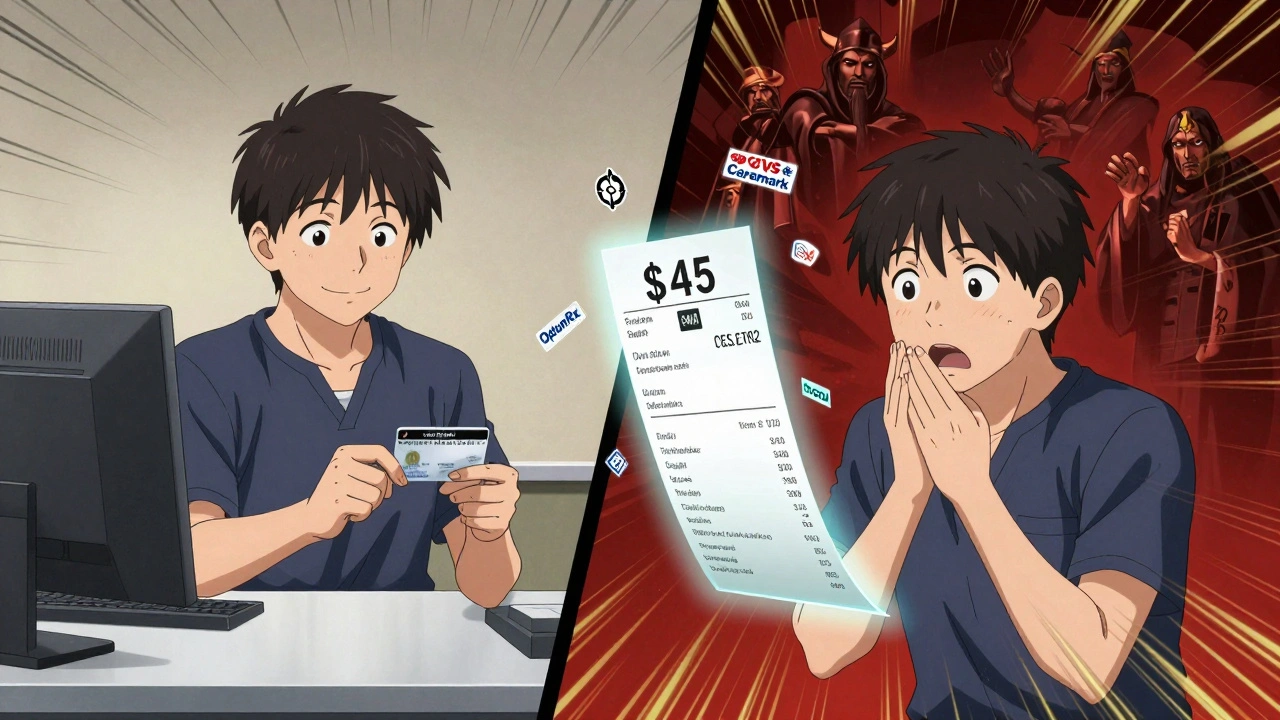 Patient stunned by insurance charge of  while ghostly  cash price hovers beside them in a pharmacy.