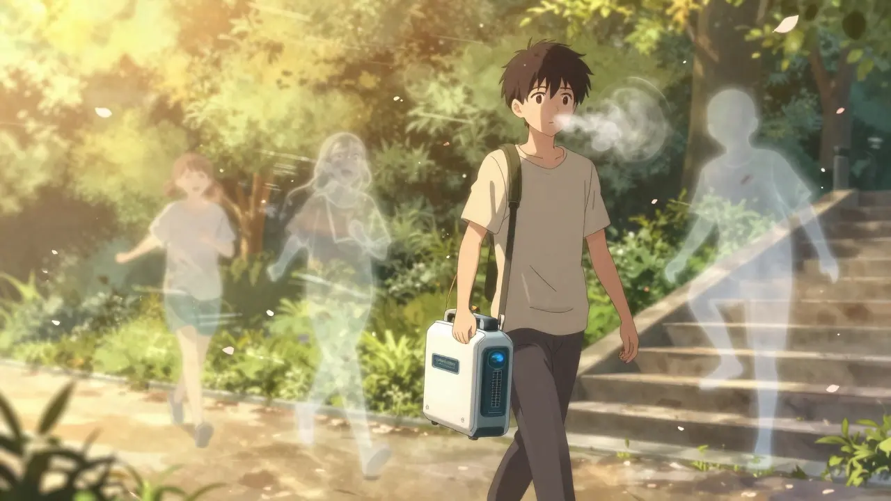 Patient walking in park with oxygen concentrator, ghostly past selves fading in background.