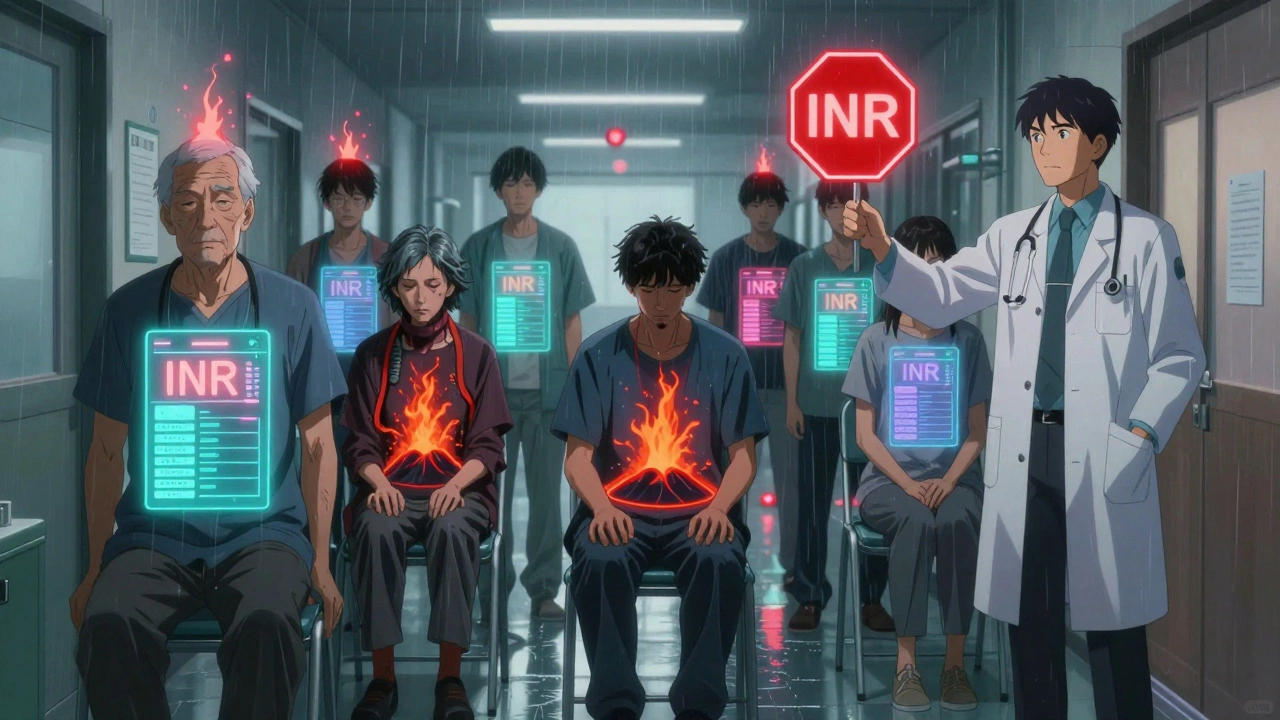 Patients in a clinic with visible INR spikes above them, one holding a warning sign, under dramatic hospital lighting.