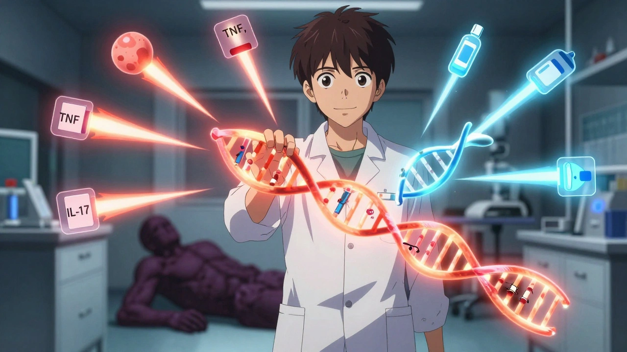 Person holding DNA strand splitting into skin and joint disease paths, biologic treatments glowing around them.