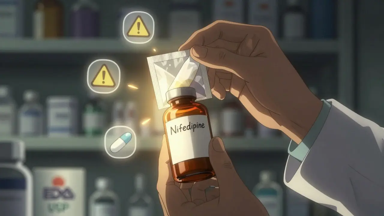 Pharmacist adding desiccant to amber vial with handwritten expiration date, glowing medication icons