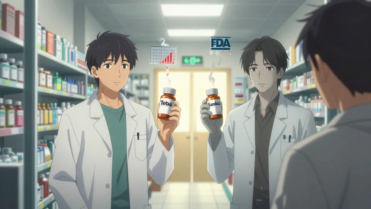 Pharmacist holds two generic pill bottles as patient's body splits into healthy and fatigued versions.