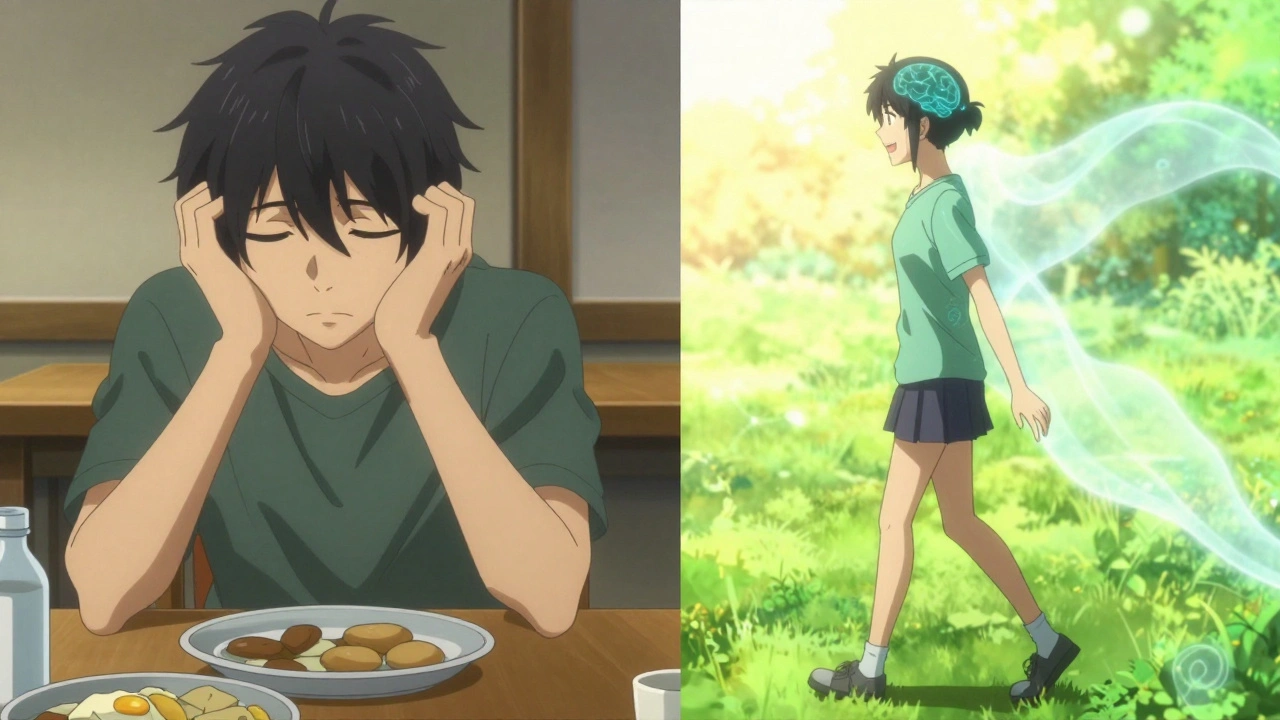 Same person two weeks later, side effects fading as they walk in sunlight, looking hopeful.