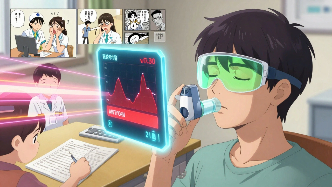 Smart inhaler syncing with AI interface showing asthma flare-up prediction and personal green zone status.