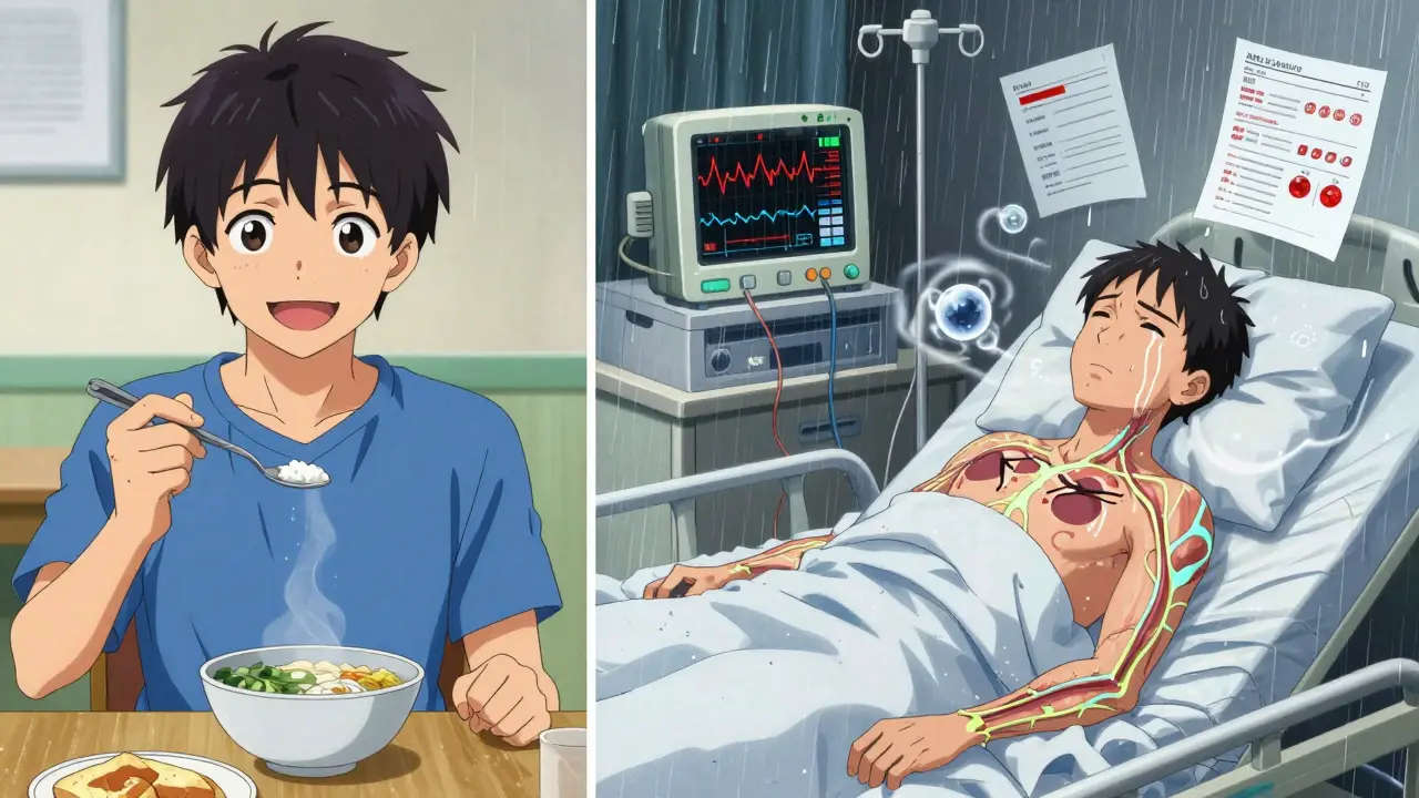 Split scene: healthy person eating vs. patient in hospital with rising potassium levels.