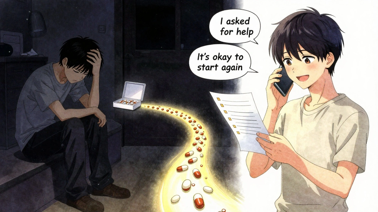 Split scene: one side shows stress with an empty pillbox, the other shows hope with a phone alarm and checked list.