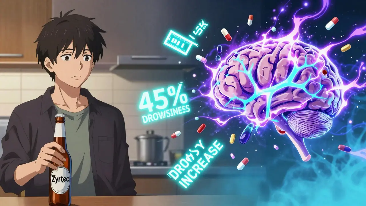 Split scene showing antihistamine and alcohol molecules colliding in a brain with glowing data glyphs
