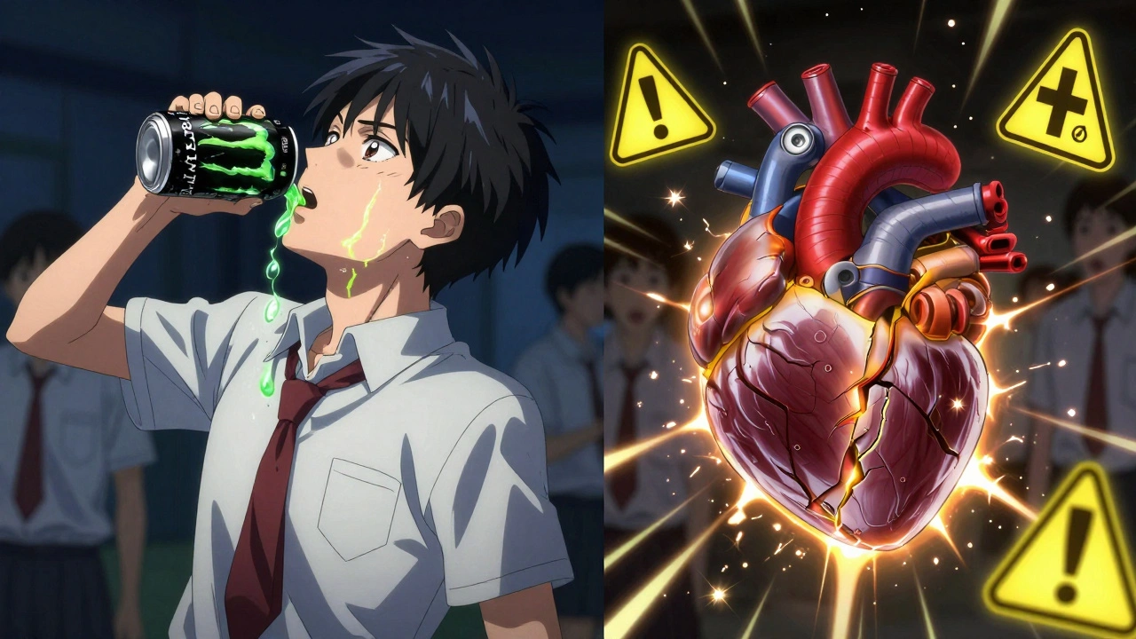 Teen drinking energy drink as their heart transforms into a sparking engine, medical warnings floating around them.