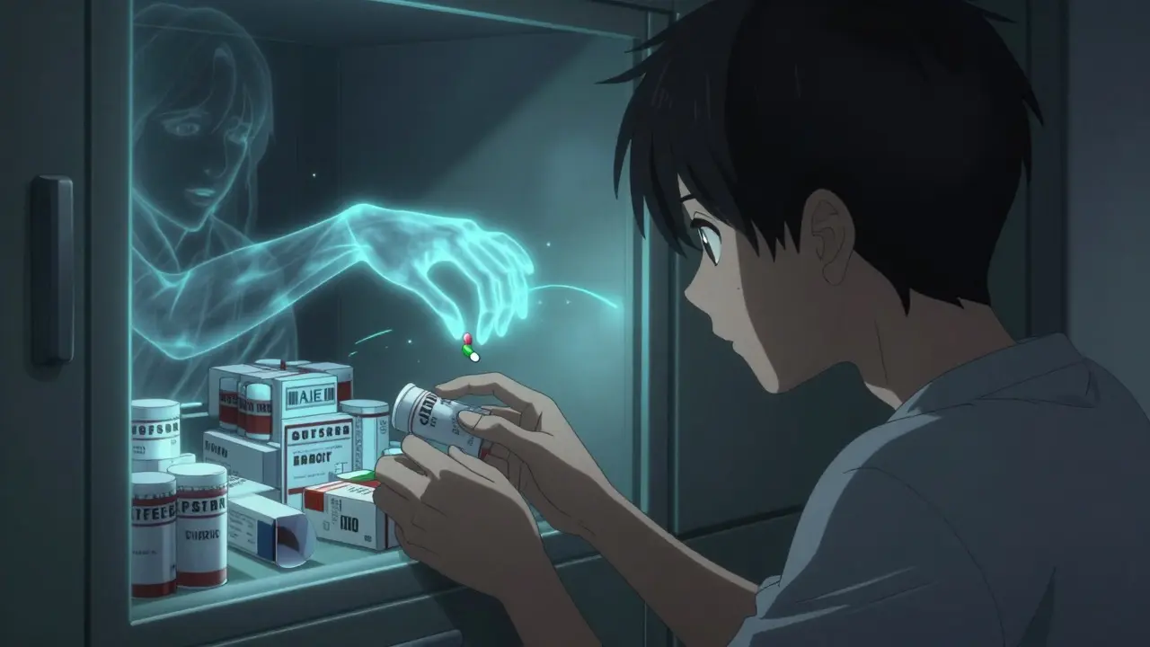 Teenager opening a medicine cabinet as ghostly pills are pulled away by a glowing hand toward safe disposal.