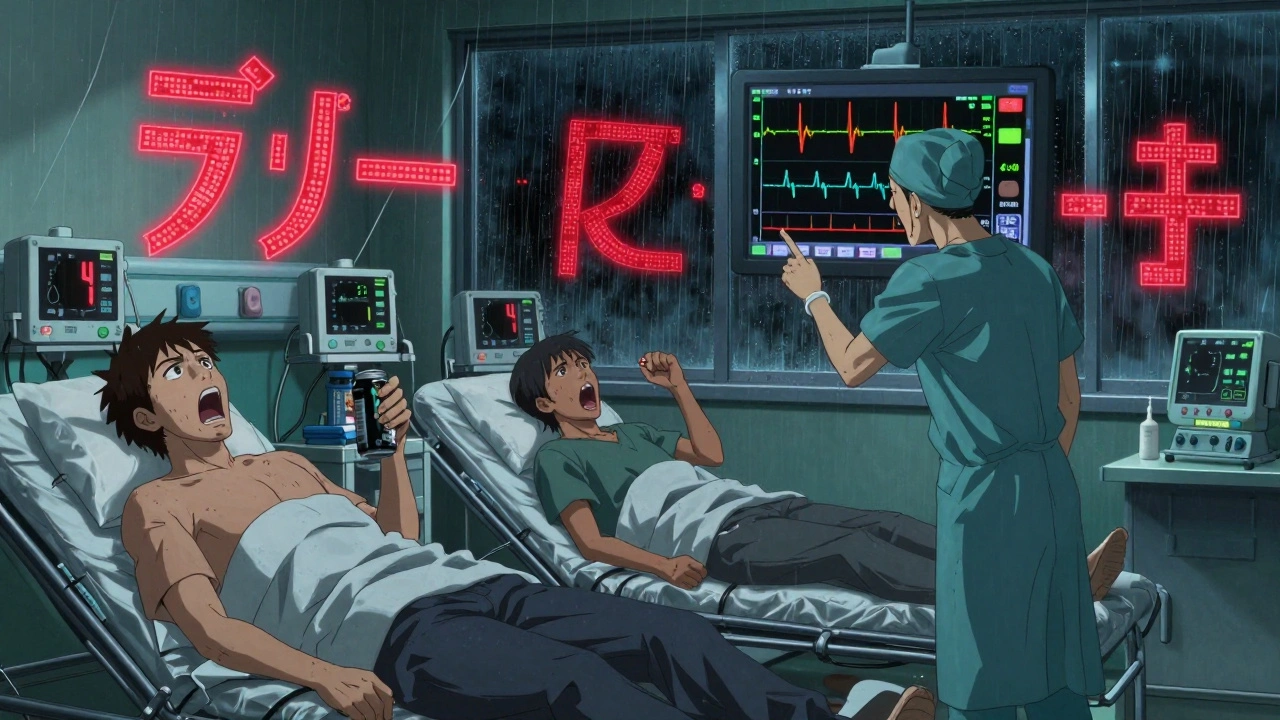 Three patients in ER with alarmingly high heart rates, doctor pointing at synchronized blood pressure spikes.