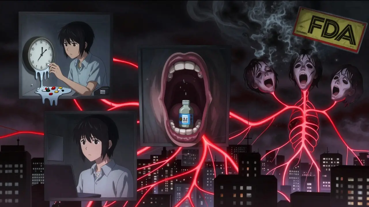 Three teens in surreal hallucinations connected by glowing nerve pathways, fading FDA warning in background.