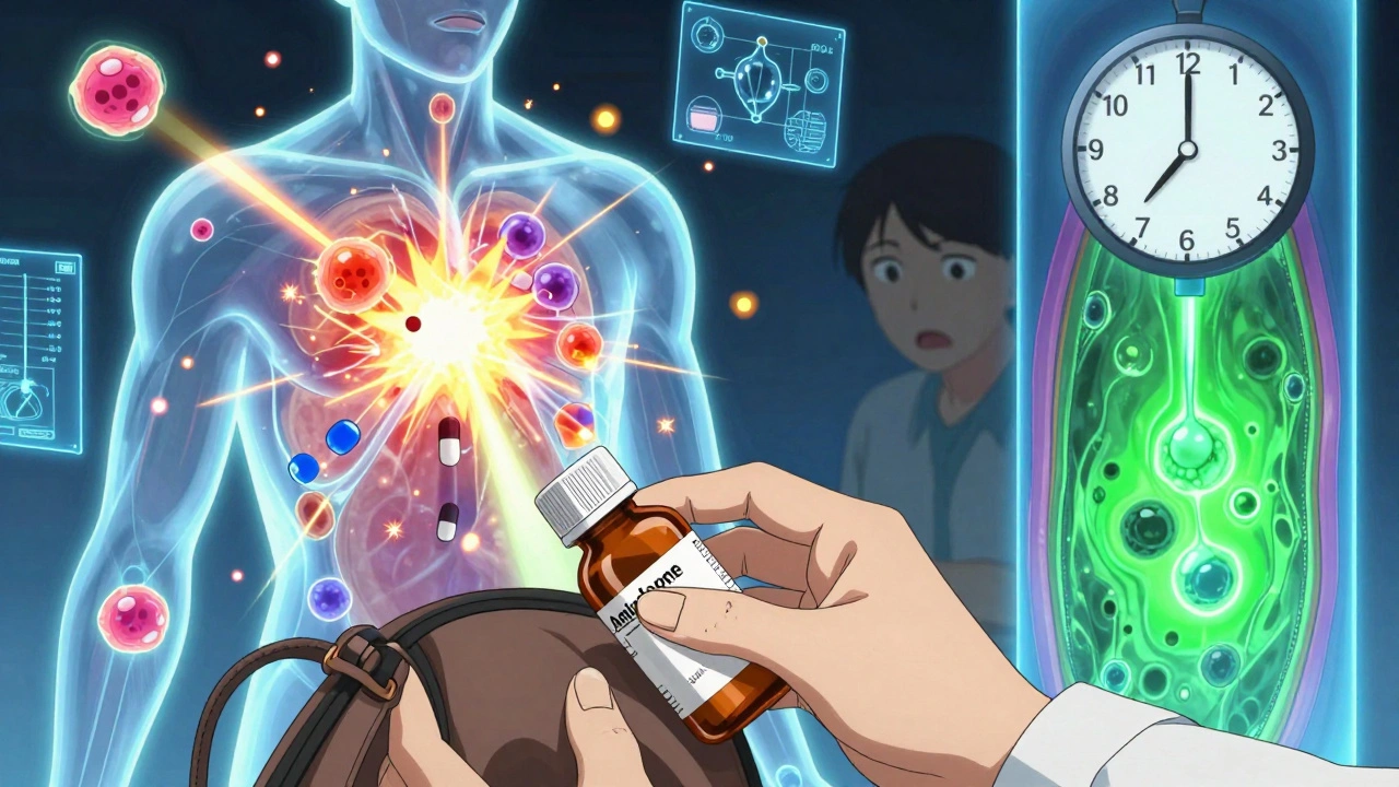 Transparent human torso glowing with reacting drug molecules, pharmacist handing over amiodarone bottle, UVA energy visualized as neon waves.