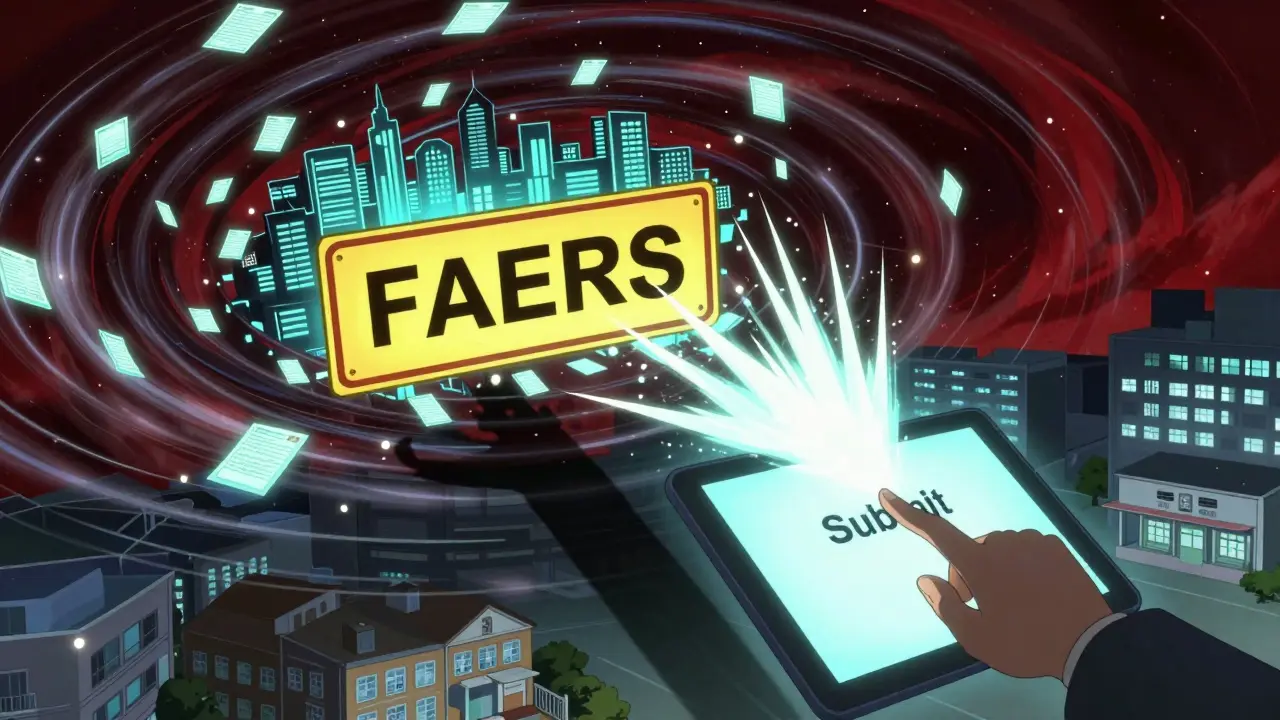 A cosmic database of patient reports forming a safety alert over a city, with one hand submitting a report.