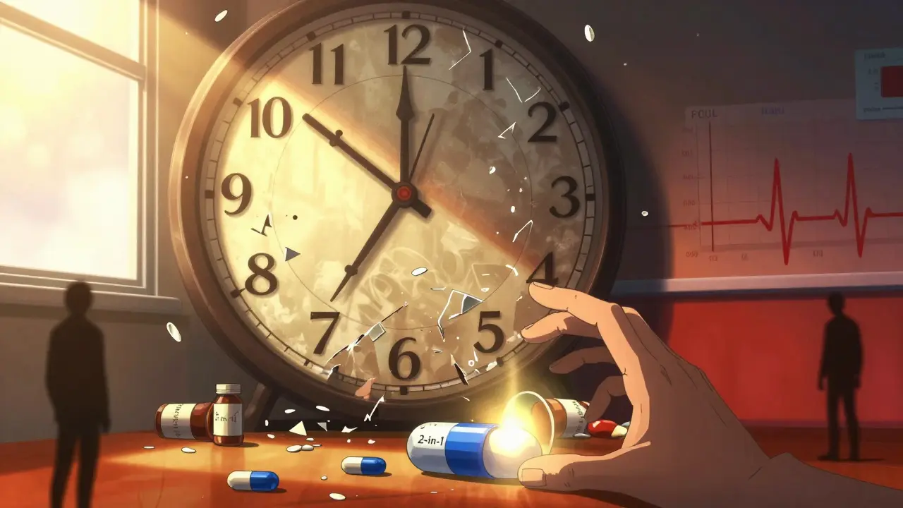 A crumbling clock made of pill bottles with a glowing combo-pill as hope amid scattered forgotten doses.