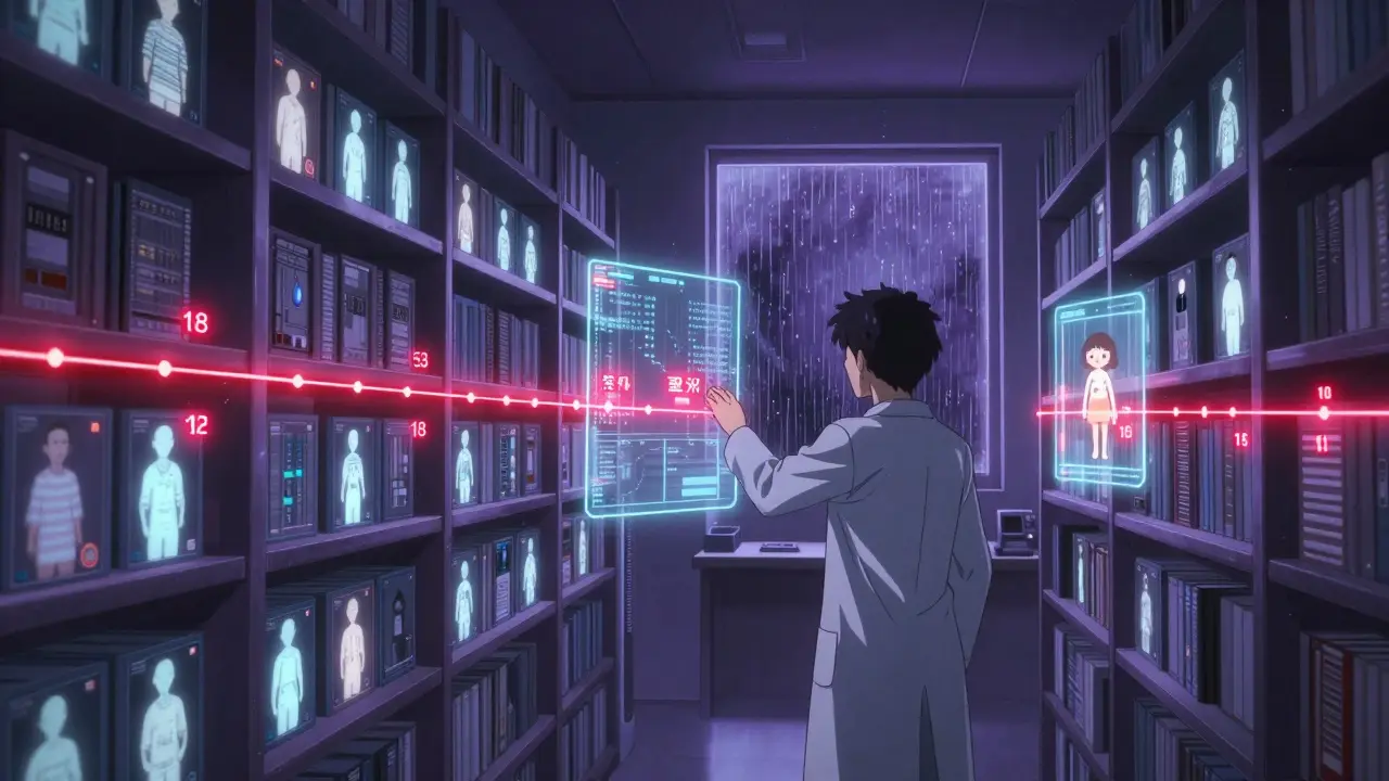 A holographic archive displays timelines of gene therapy patients, with red alerts glowing for hidden drug interaction risks.