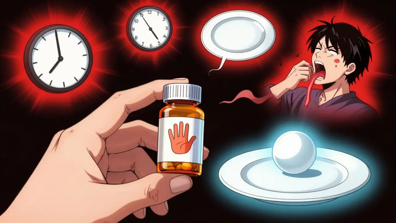 A misinterpreted 'take with food' icon causing surreal confusion, contrasted with a clear, correct symbol.