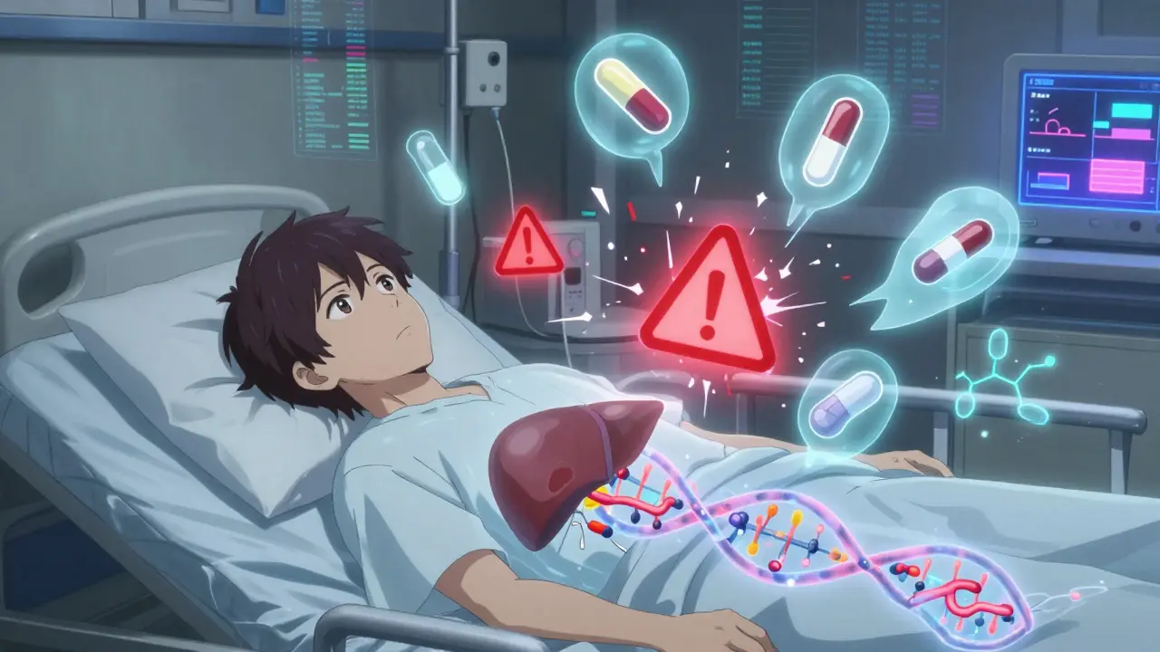 A patient's translucent body reveals gene therapy integrating with DNA, while drug icons shatter from dangerous interactions.