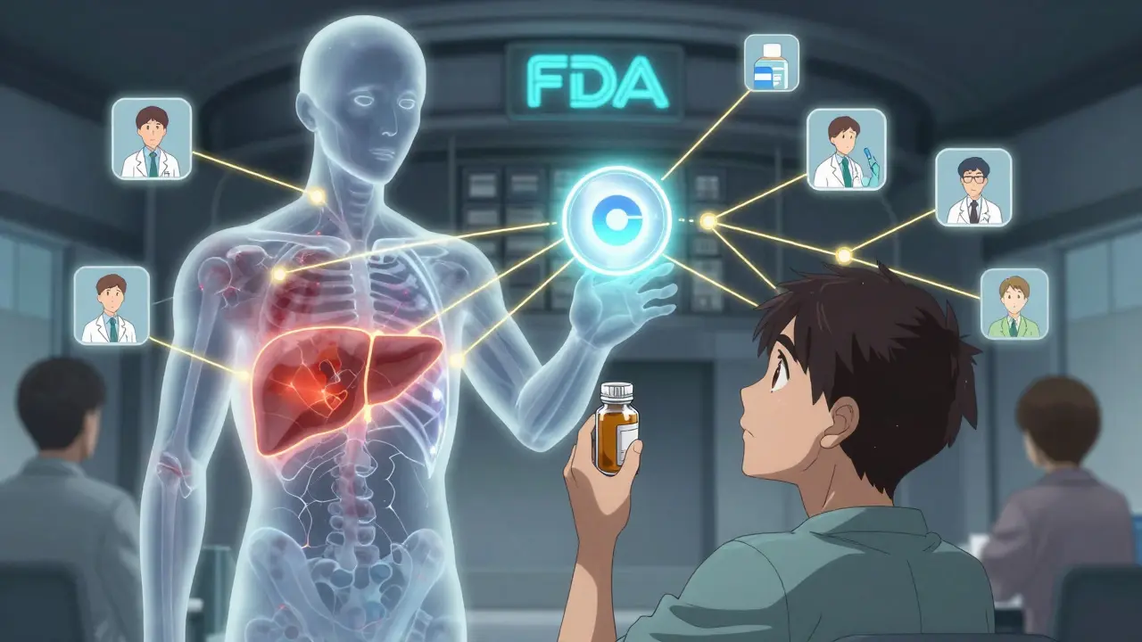 A patient seeing spectral side effects from a pill while reaching toward a MedWatch submission button.