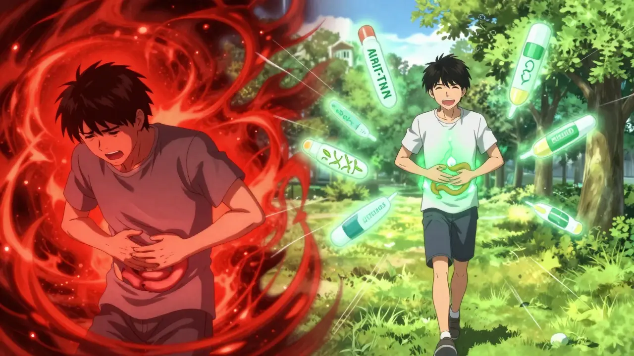 A person transformed from pain to wellness, with biologic drugs as glowing glyphs guiding healing light through their body.