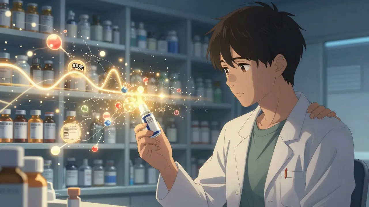 A pharmacist comforts a young epilepsy patient holding a new generic medication, glowing medical data floats behind them.