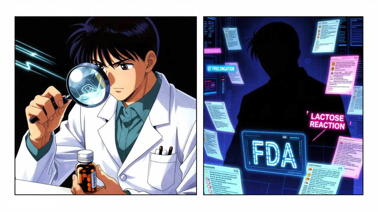 A pharmacist scans a pill bottle while a digital AI system analyzes thousands of patient reports in neon light.