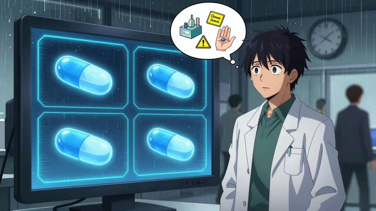 A pharmacist stands before a digital screen comparing brand and generic pills, patient’s thought bubble shows anxiety.