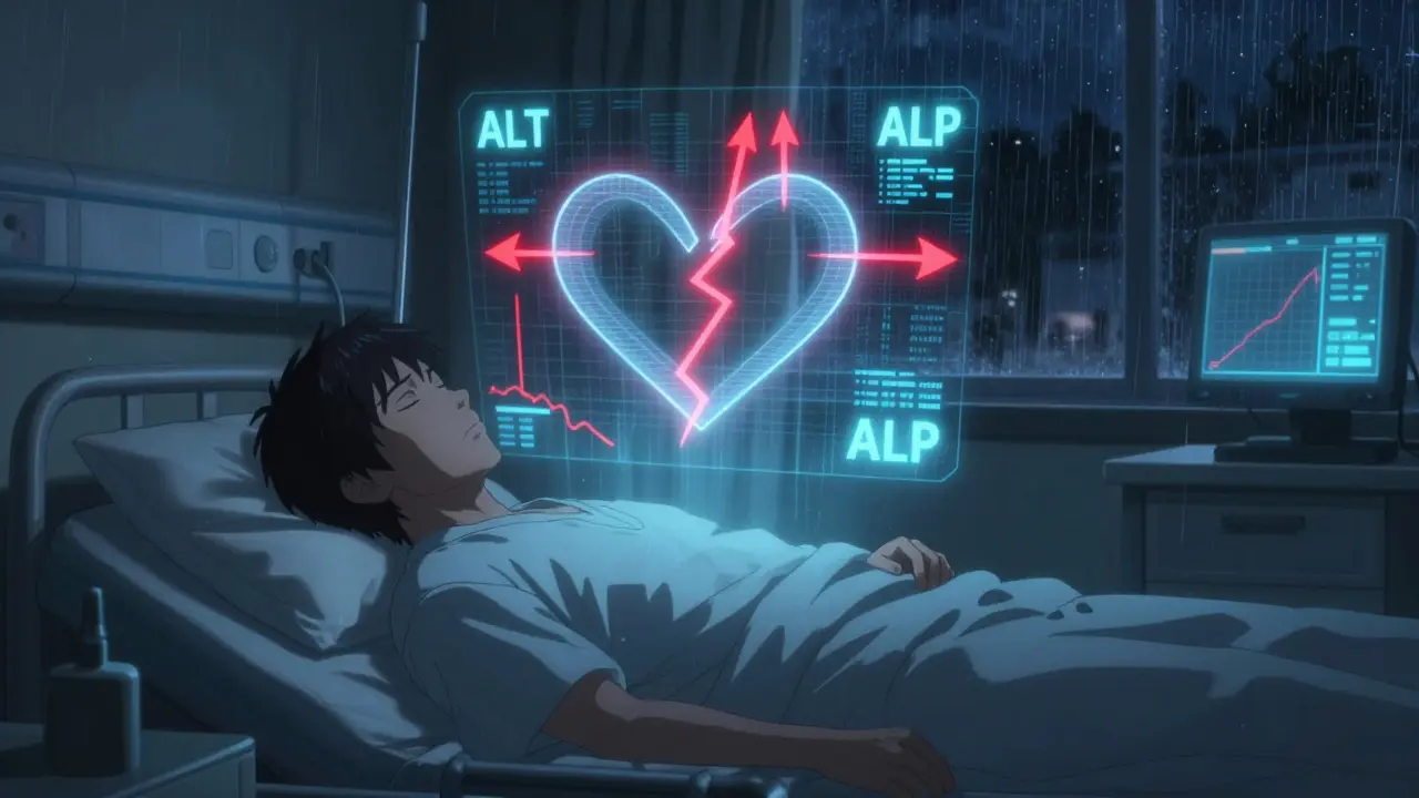 A sleeping patient with a floating R-ratio graph glowing above them in a hospital room.