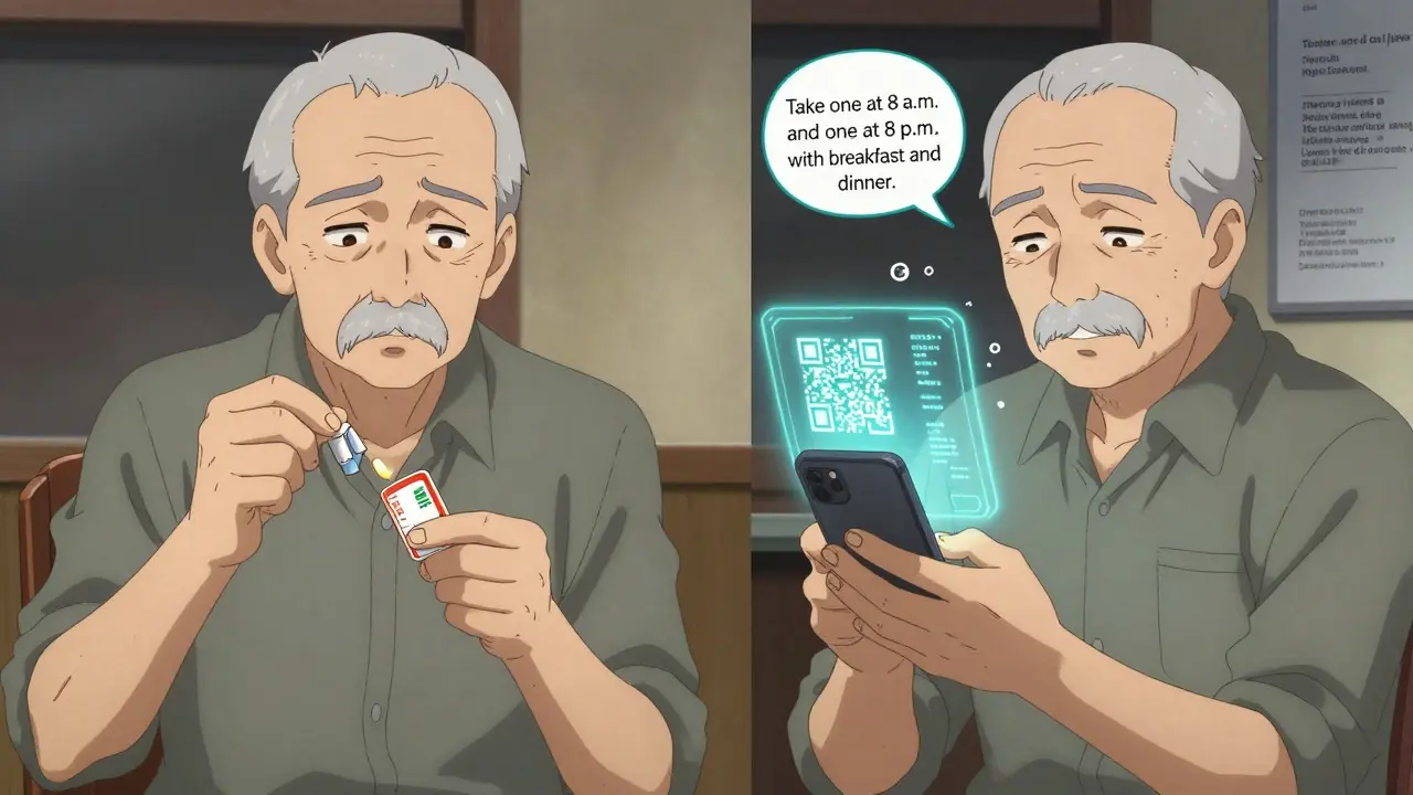 An elderly man scanning his prescription label with a phone that displays clear, spoken instructions in animated form.