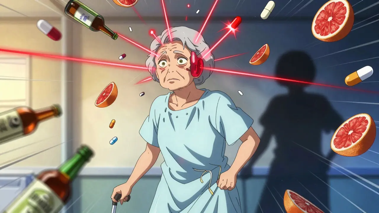 An elderly woman caught in a storm of dangerous drug interactions, with pills and alcohol emitting red energy lines.
