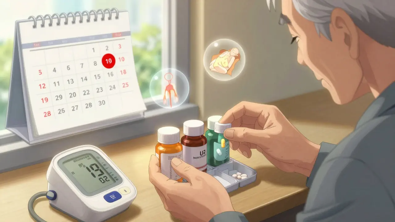 An older man organizing his synced pills with glowing health monitors nearby, a calendar showing one refill date.