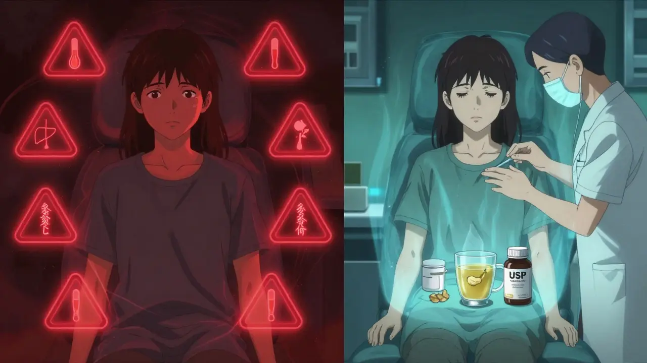 Contrasting image of dangerous herbs with warning symbols versus safe complementary treatments protected by calming energy.