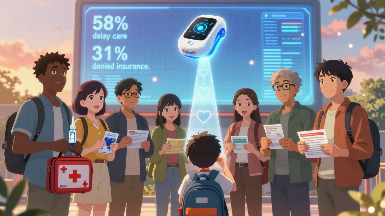 Diverse group holding emergency diabetes kits, with floating artificial pancreas and emergency stats in background.